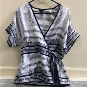 SilkLand White and Black Short Sleeve Wrap Blouse